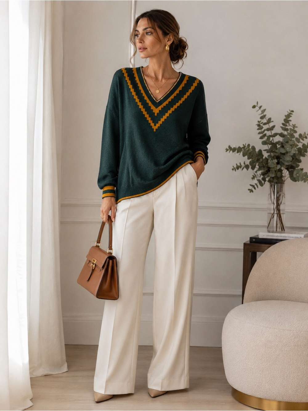 Uterqüe Green V-Neck Knit Sweater Mustard Trim | Relaxed Fit